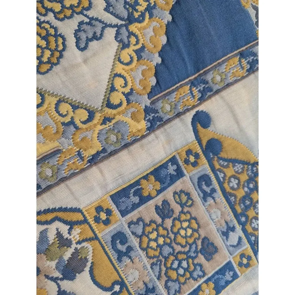 Vintage Chinoiserie Pagoda Tapestry Blue & Yellow Wall Hanging / Textile Art